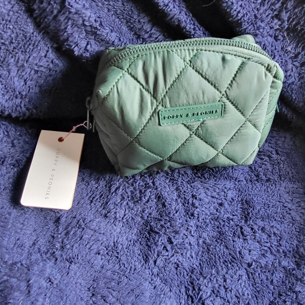 Poppy & Peonies, Heritage Green Quilted Cosmetic Bag, NWT